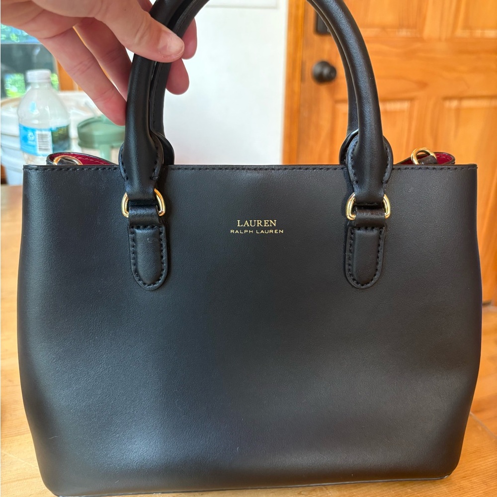 Lauren Ralph Lauren Black Leather Satchel with Gold Hardware